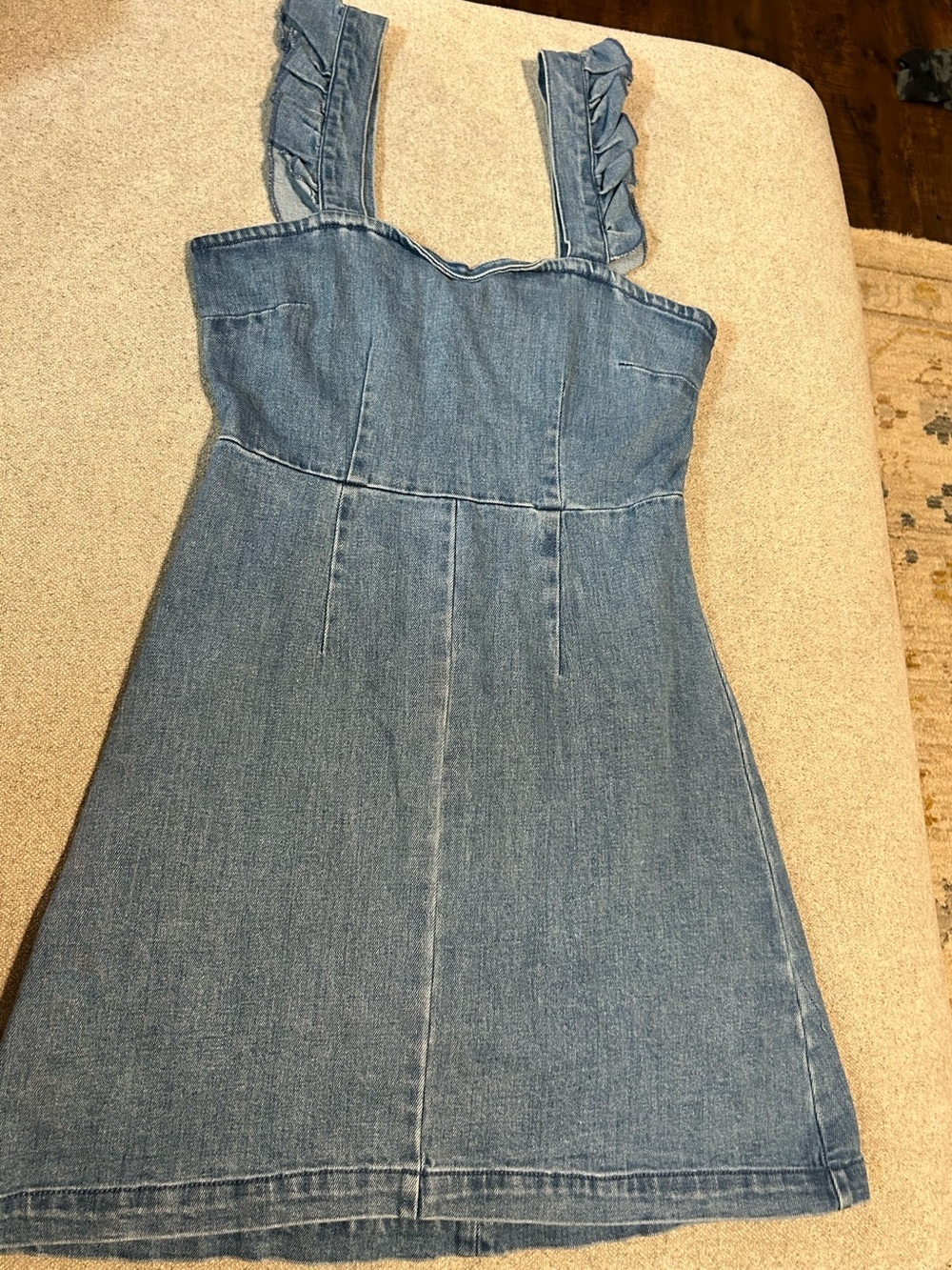 Denim Mini Dress with Ruffle Straps - Blue